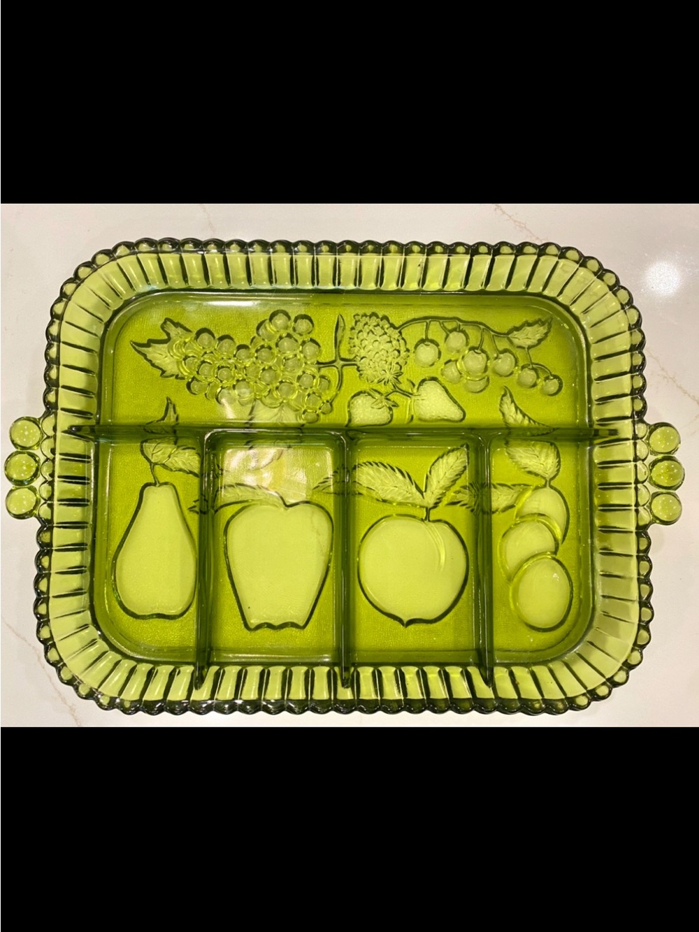 Indiana Glass Avocado Green Embossed Fruit Divided Relish Tray